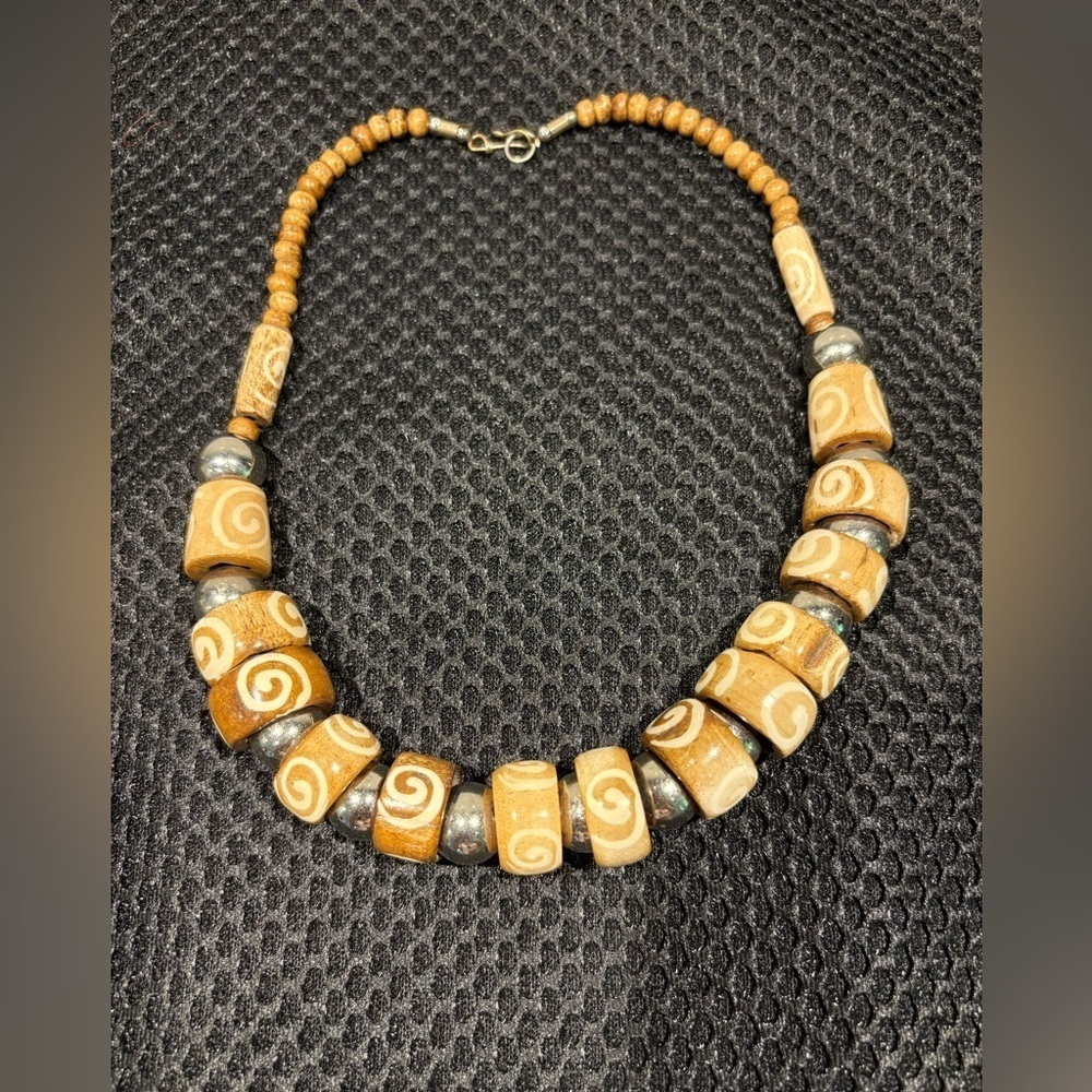 Tribal Swirl Beaded Necklace - Bone Colour & Metallic Accents